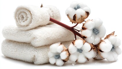White towels stacked, cotton blossoms