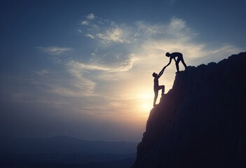 Silhouette of two climbers, one helping the other ascend a mountain at sunset