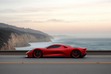 Fototapeta premium Red Sports Car Cruises Along Scenic Coastal Highway on a Sunny Day