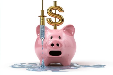 A pink piggy bank with a syringe injecting liquid, suggesting money being drained, and a gold dollar sign above