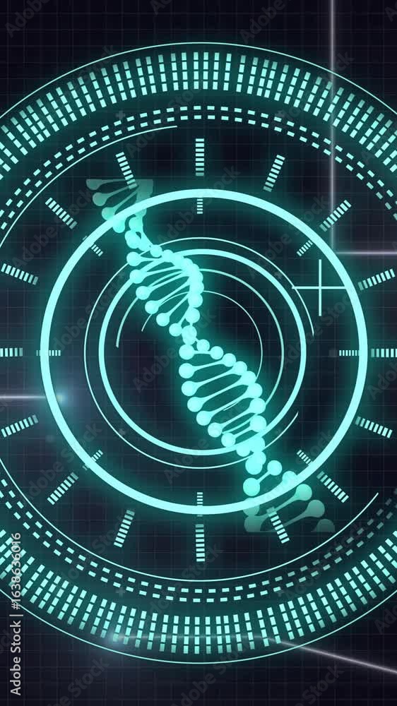 Poster animation of scope, dna strand and data processing over black background