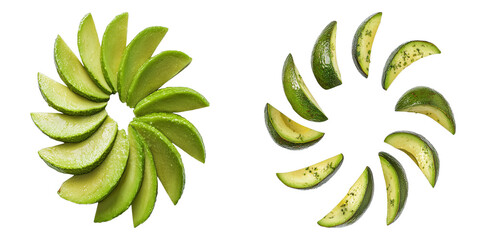 Two images of green avocados, one with a spiral of slices
