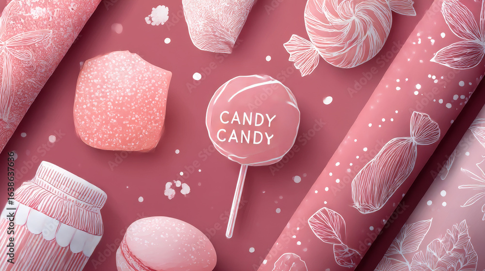 Poster candy shop logo and seamless patterns with candies in trendy linear style. background with pink cand