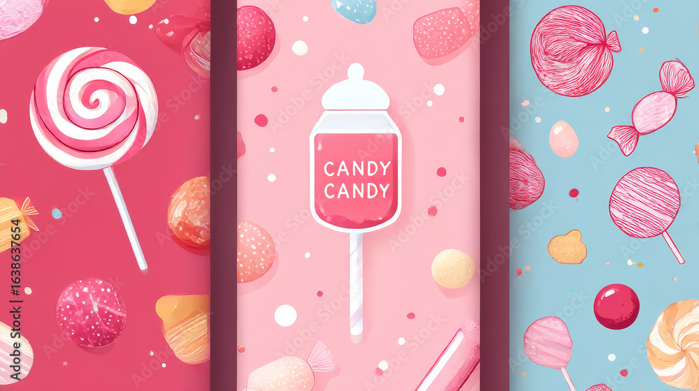 Poster candy shop logo and seamless patterns with candies in trendy linear style. background with pink cand