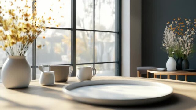 Minimalist dining table setup with plates, bowls, and flowers in sunlit interior mockup