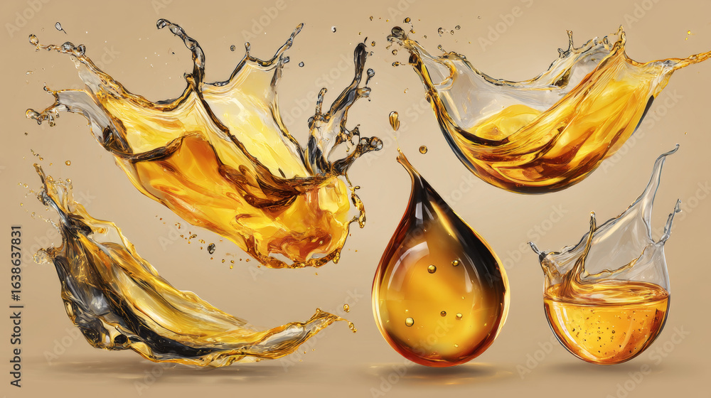 Poster set of transparent water splashes, drops and crown in yellow colors, isolated on background. transpa