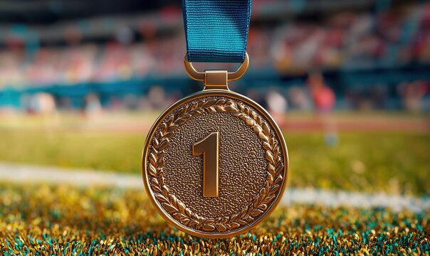 Gold Medal Depicts First Place With Stadium Backdrop, Celebrating Victory - Powered by Adobe