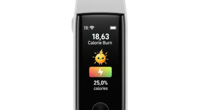 Smart Fitness Tracker Showing Calorie Burn Progress and Battery Level with Sun Icon - Powered by Adobe