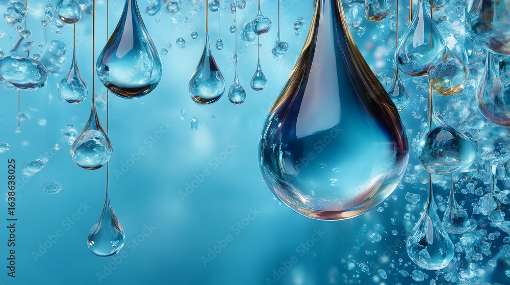 Poster set of transparent drops in light blue colors. transparency only in vector format. can be used with 