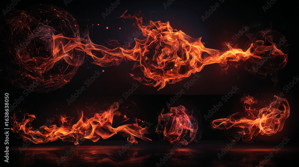 Poster Set of horizontal long fire flame on transparent background. For used on dark backgrounds. Transparency only in vector format
