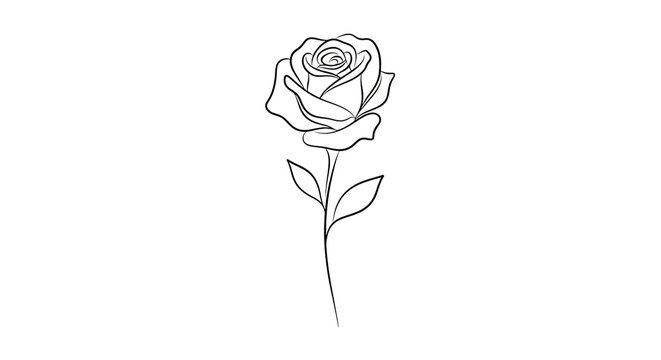 A delicate line drawing of a single rose with stem and leaves, isolated on transparent background