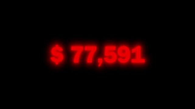 Glowing Red Number Display: $65,646 Financial Ticker Animation Against a Stark Black Background, Digital Finance Concept.