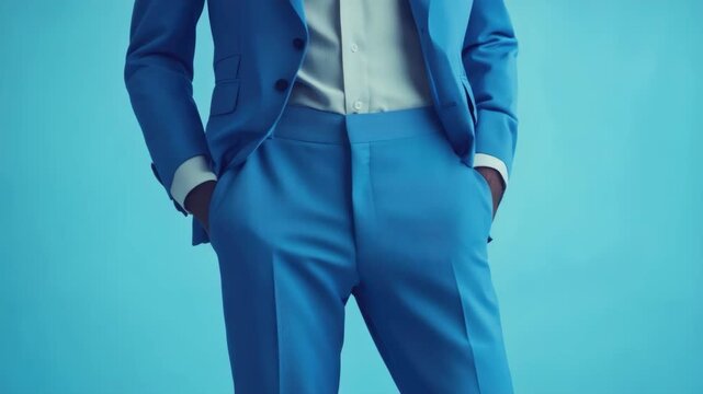 Elegantly dressed man in blue suit standing against solid background mockup concept