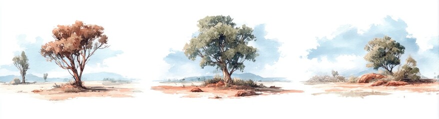 Watercolor landscape painting of three trees in a desert or savanna scene