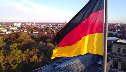 German flag waving over city