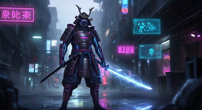 A futuristic samurai warrior in ornate armor holding a glowing neon katana in a rainy cyberpunk city at night - Powered by Adobe