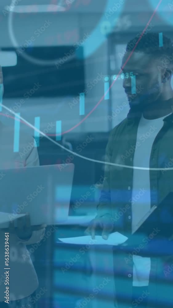Poster animation of financial data processing over diverse colleagues discussing work in office