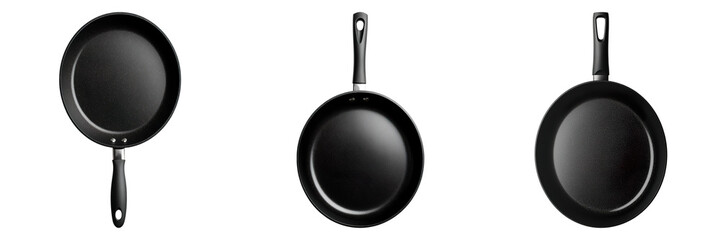 Three black pans are shown in a row