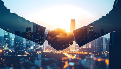 Business deal finalized against a cityscape backdrop.