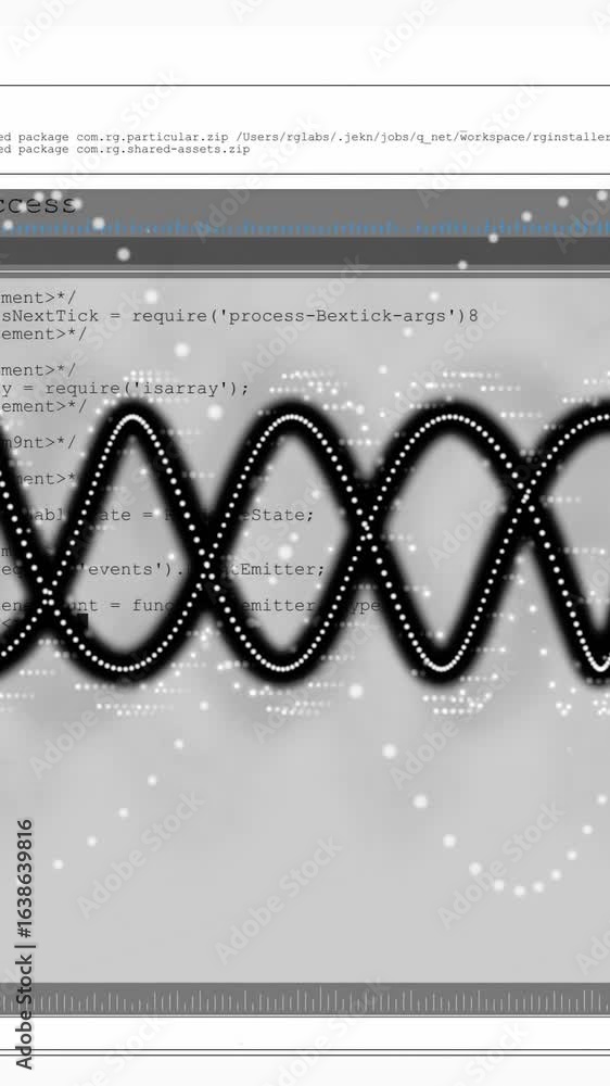 Poster data processing animation over terminal access screen with code and wave pattern