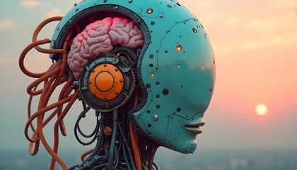 Futuristic blue humanoid robot head with exposed brain and gears connected by orange tubes concept of AI cognition and biomechanical design