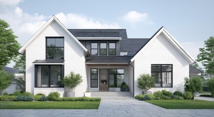 Modern farmhouse exterior, bright white facade, dark trim