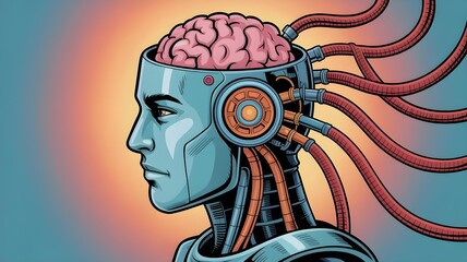 Futuristic blue humanoid robot head with exposed brain and gears connected by orange tubes concept of AI cognition and biomechanical design