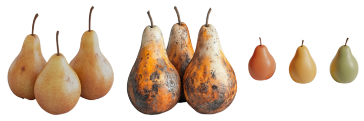 A row of pears with one of them being a bit larger than the others