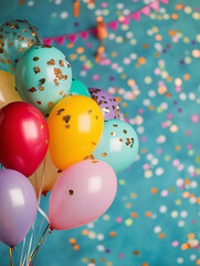 Festive Background with Balloons, Glitter Confetti, and Garlands perfectly suited for holidays, birthdays, weddings, and parties.