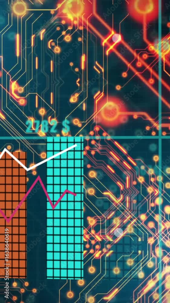 Poster circuit board and financial data processing animation with bar graphs and numbers