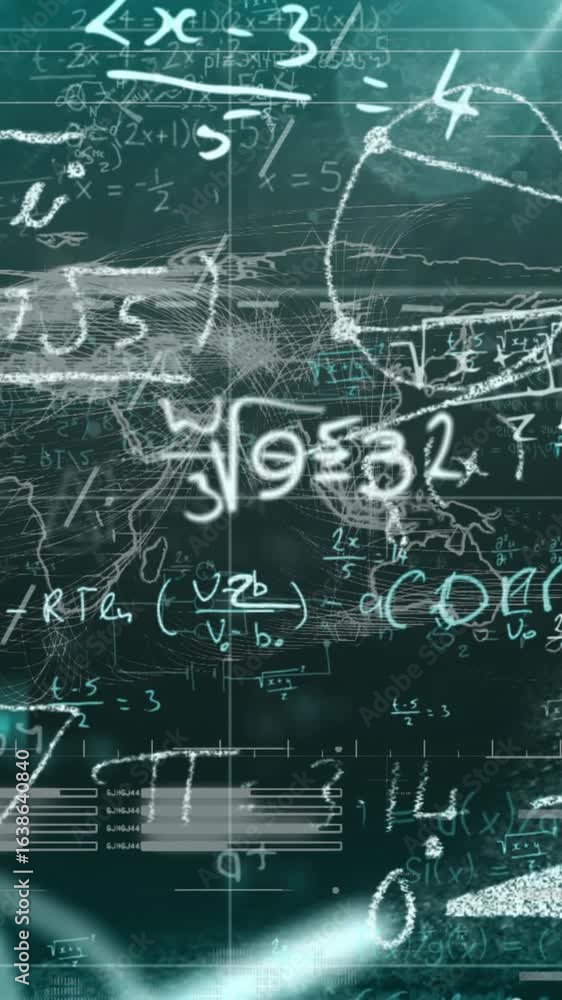 Poster the image depicts mathematical formulae moving and flickering on a blue chalkboard background