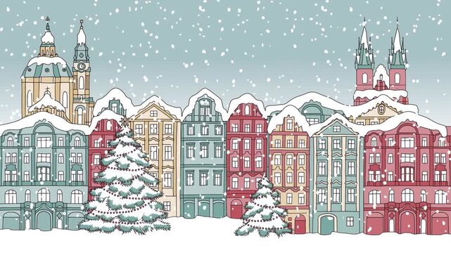 Looped animation of hand drawn colorful houses, covered in snow, with Christmas trees and snowflakes