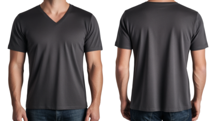 Man wearing dark grey V-neck t-shirt front and back view showcasing casual apparel for everyday style and comfort