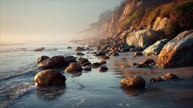 Coastal sunrise, rocks, gentle waves - Powered by Adobe