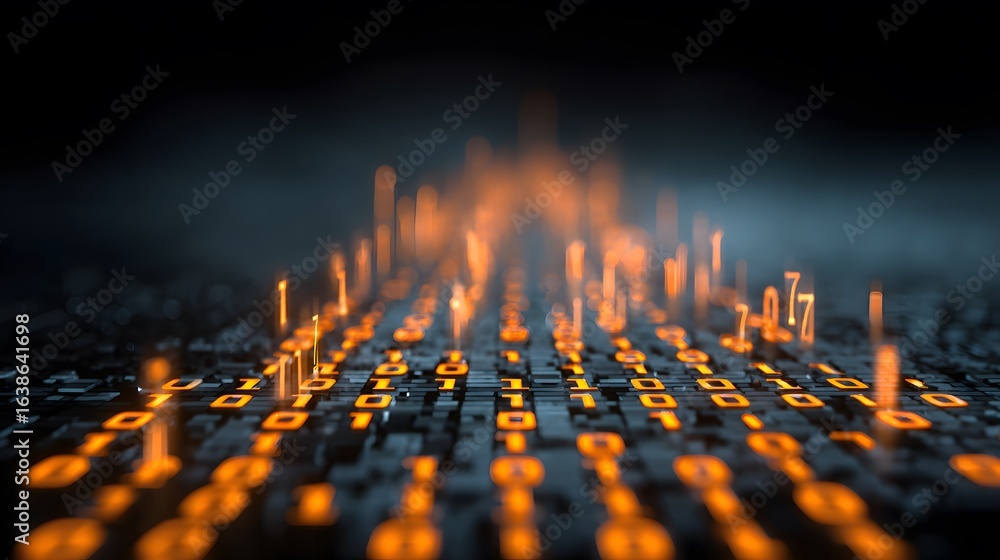Poster a futuristic digital landscape of binary code glowing in orange against a dark blue backdrop, repres