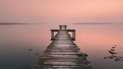 Obraz premium Misty sunrise over tranquil wooden pier