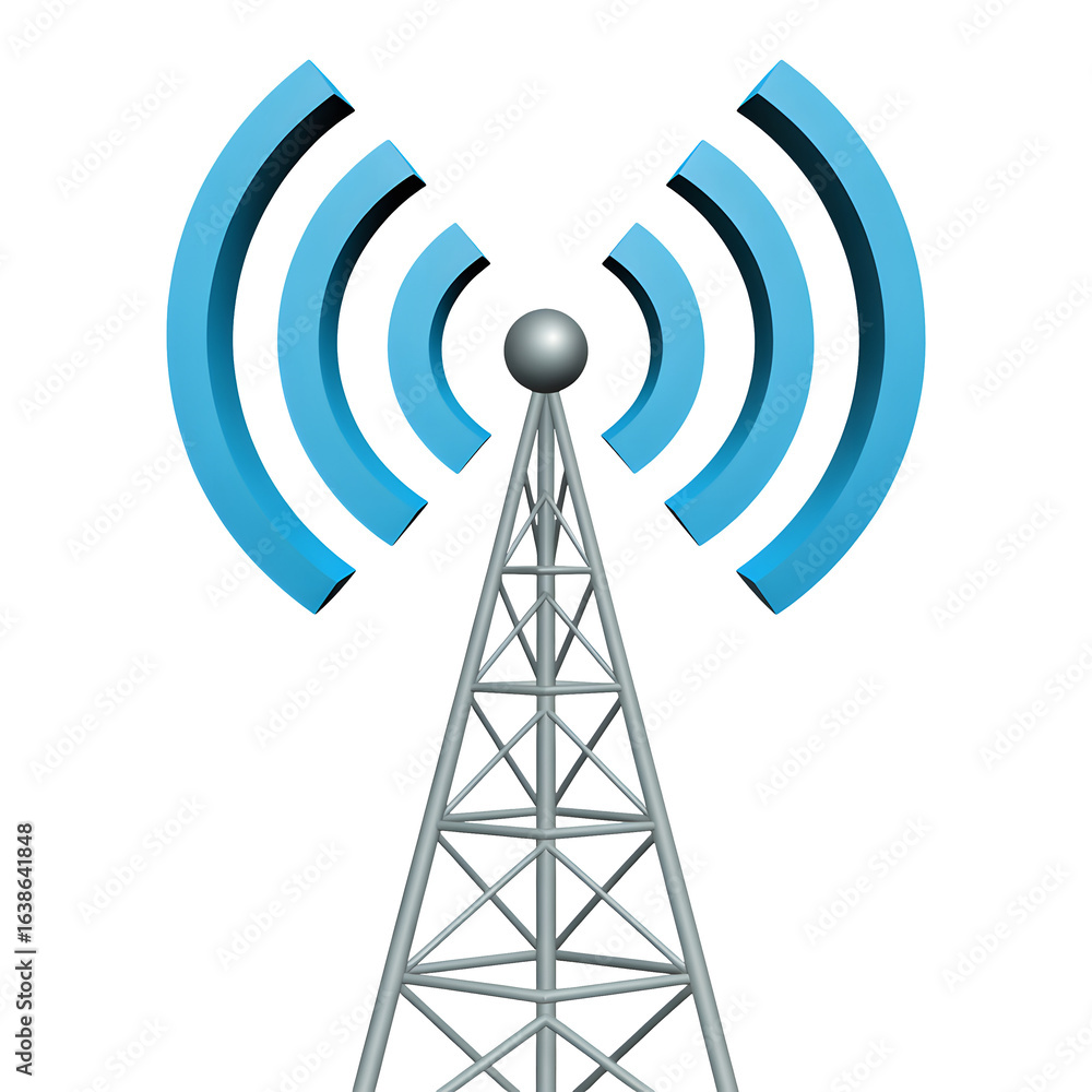 Poster modern communications tower sends signal for global network connection