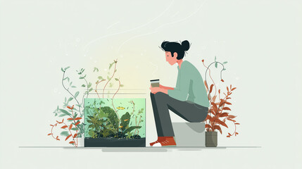 Young man drinking coffee and admiring his beautiful planted aquarium