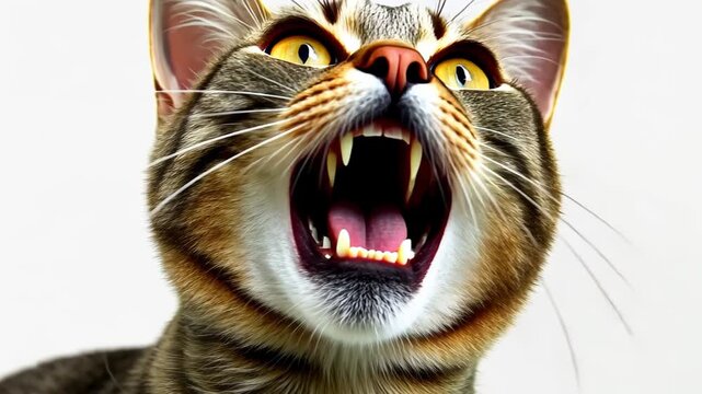 Furious Feline: A close-up perspective of a domestic cat mid-yowl, baring its teeth and conveying raw emotion against a plain background.