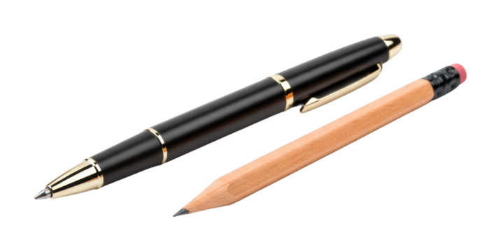 Writing tools showcase black pen and wooden pencil studio setting creative workspace essentials. Cut out png
