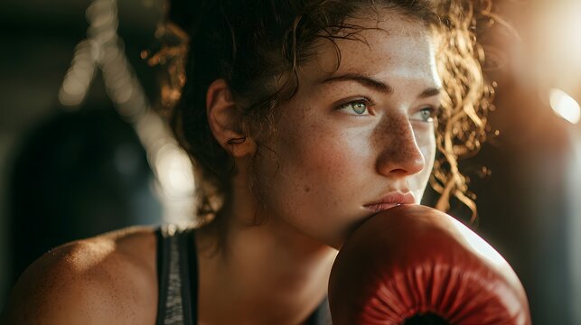 Pensive female boxer with freckles resting her chin on a boxing glove in a gym with soft light. She is determined and focused.
