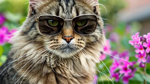 Cool Cat in Shades: A cool cat sports stylish sunglasses, exuding charm and confidence against a vibrant backdrop of blooming flora, a testament to nature's beauty and feline coolness.