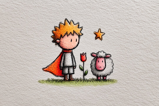 Little prince standing with sheep and rose under a star