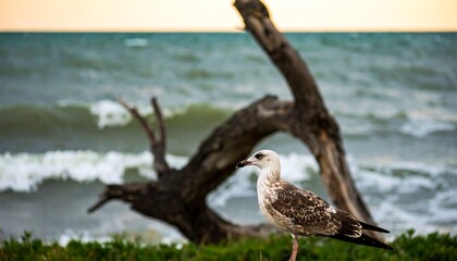 A seagull stands on the shore by a driftwood branch.
