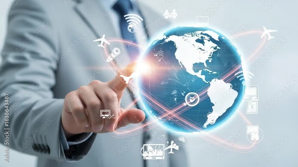 Poster man in suit touching a digital globe with airplane icons and global network connections shown around