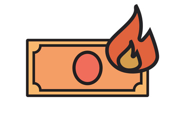 紙幣が炎で燃える浪費や損失を表すシンプルなイラスト