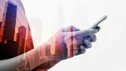Hand holding smartphone with cityscape overlay against a bright white background in a modern style - Powered by Adobe