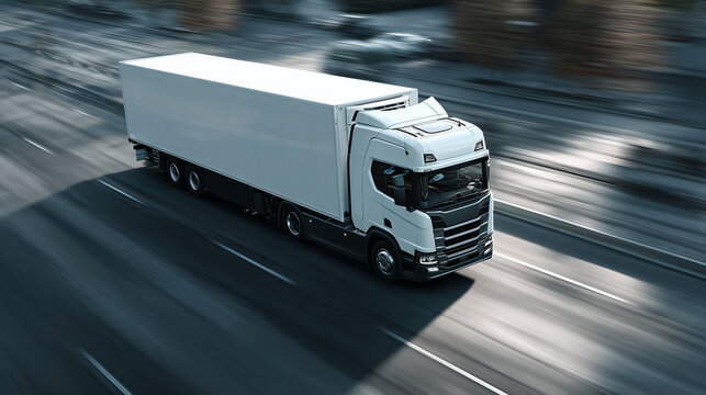 White delivery truck moving fast on highway with motion blur