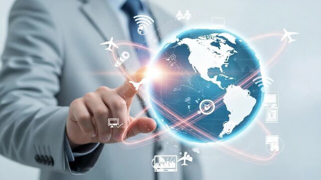 Man in suit touching a digital globe with airplane icons and global network connections shown around - Powered by Adobe