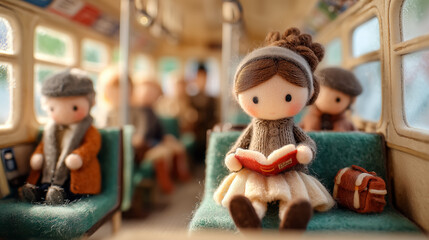 Obraz premium Cute doll reading a book on a miniature bus or tram